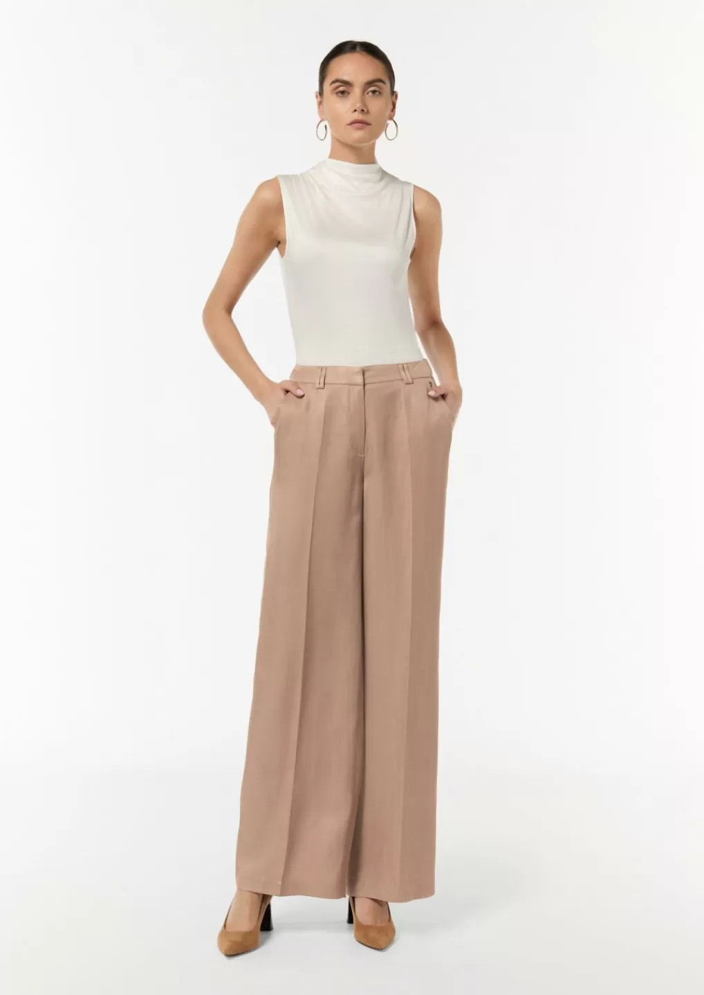 Outlet Pantalon Wide Leg en lin mélangé Pantalons